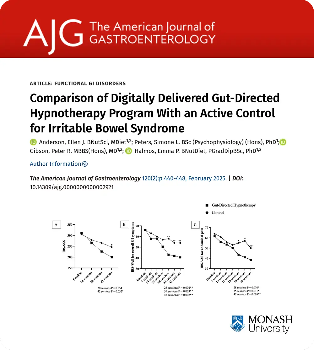 Anderson EJ, Peters SL, Gibson PR, Halmos EP. Comparison of Digitally Delivered Gut-Directed Hypnotherapy Program With an Active Control for Irritable Bowel Syndrome. The American Journal of Gastroenterology 120(2):440-448, February 2025.